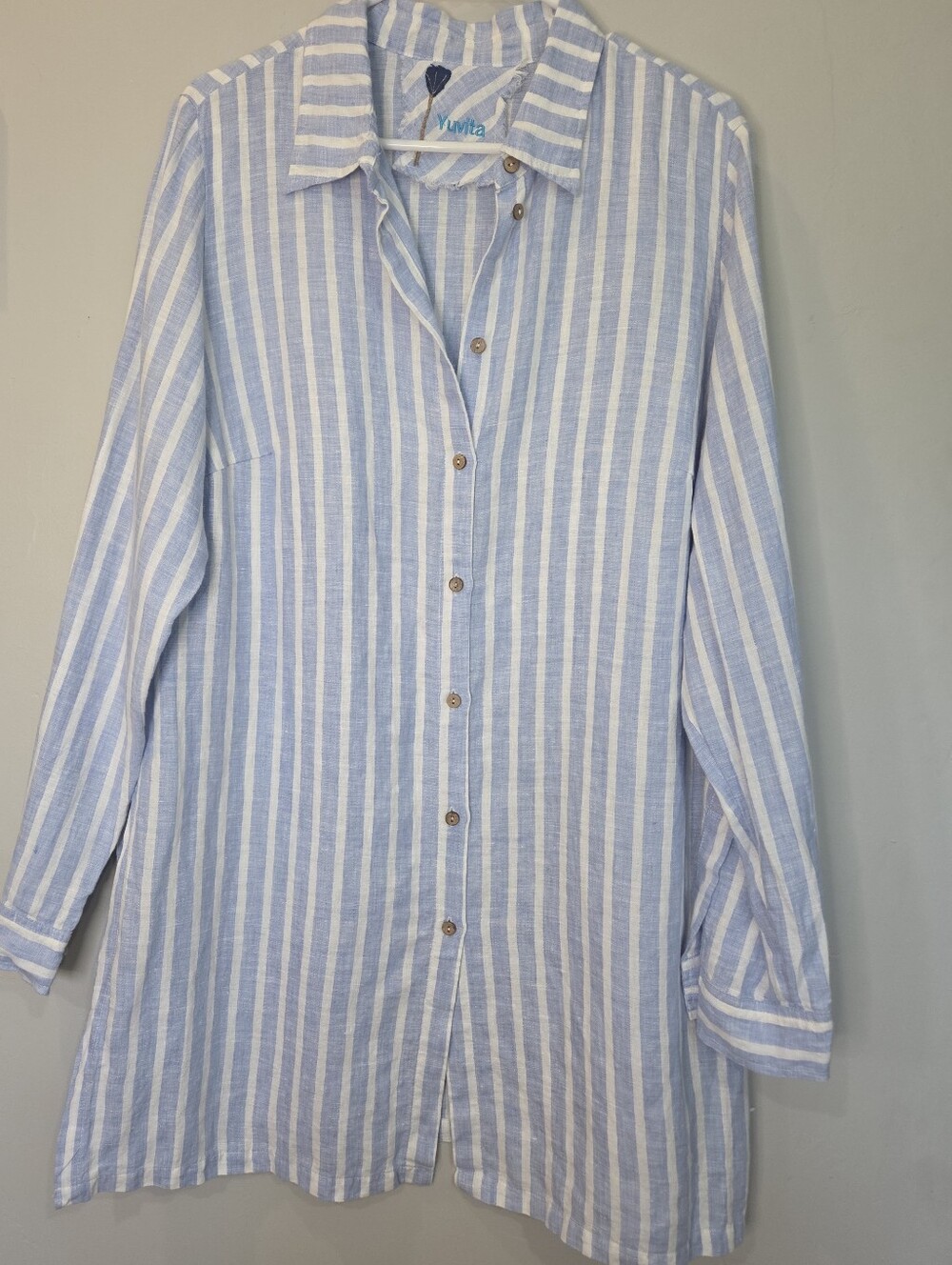 Yuvita Women XXL Linen Tunic Button Up Shirt Top Blue White Stripe Nautical